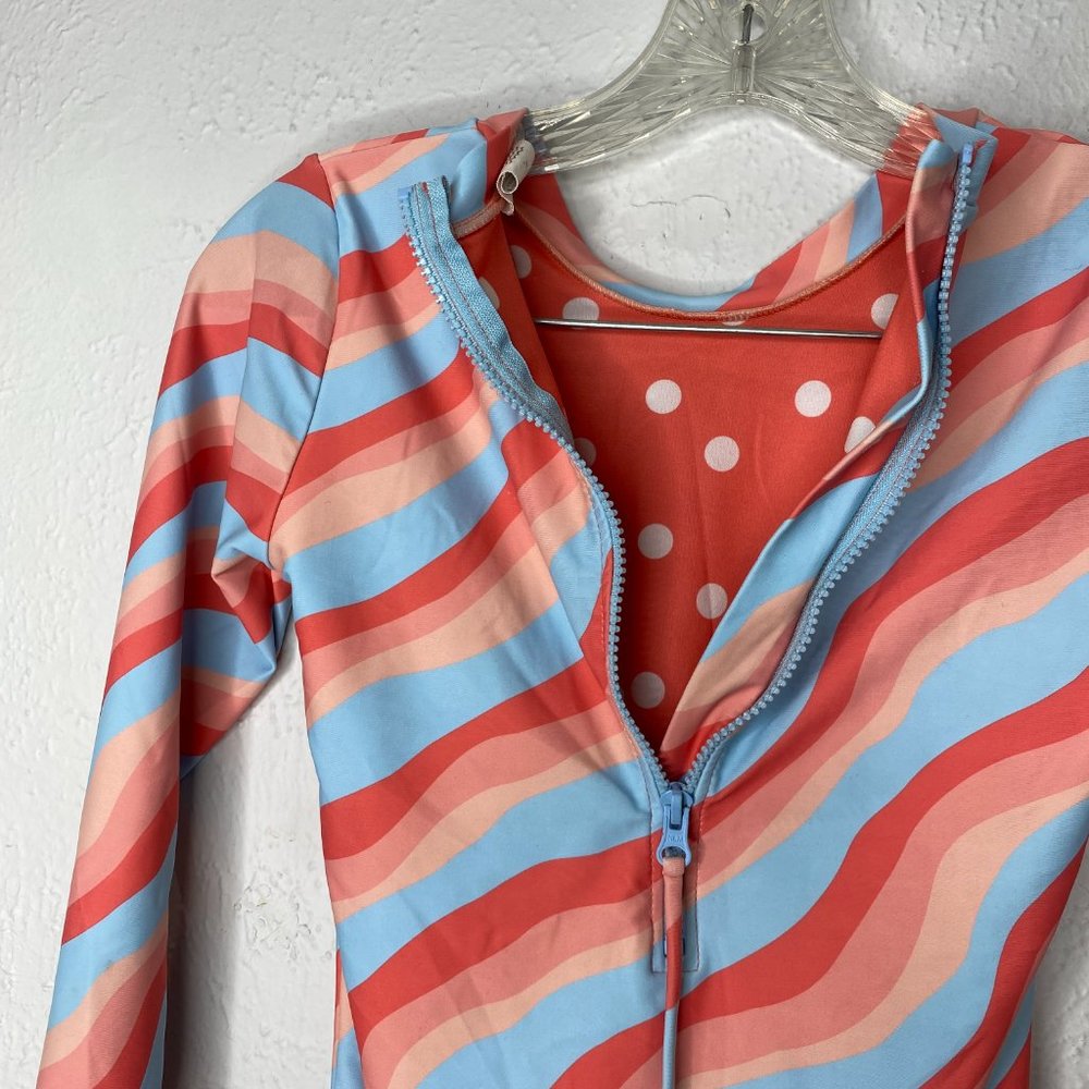Feather 4 Arrow, girl's size 14, long sleeved one piece surf suit in blue/coral. - Picture 6 of 8